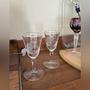 Set of two cordial or liquor glasses with etched floral